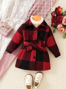 SHEIN Đứa bé gái In kẻ sọc Thắt lưng Váy sơ mi Không có áo len - Đỏ - Xem 1