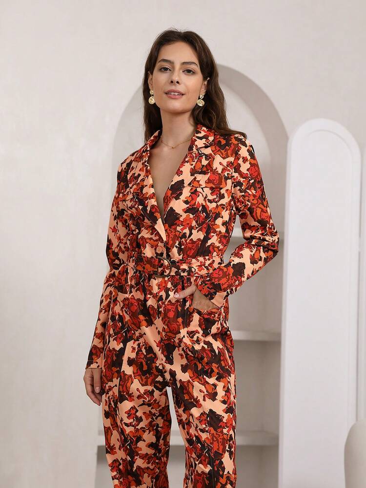 Allover Print Belted Shirt Jumpsuit