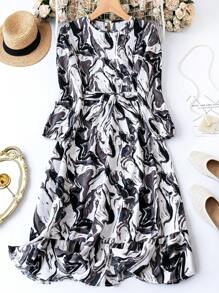 SHEIN Clasi Talla grande Vestido con cinturón con estampado de manga farol bajo con fruncido - Multicolor - Ver 1