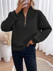 SHEIN Essnce Một nửa khóa kéo Thả vai Áo nỉ - màu đen - Xem 1