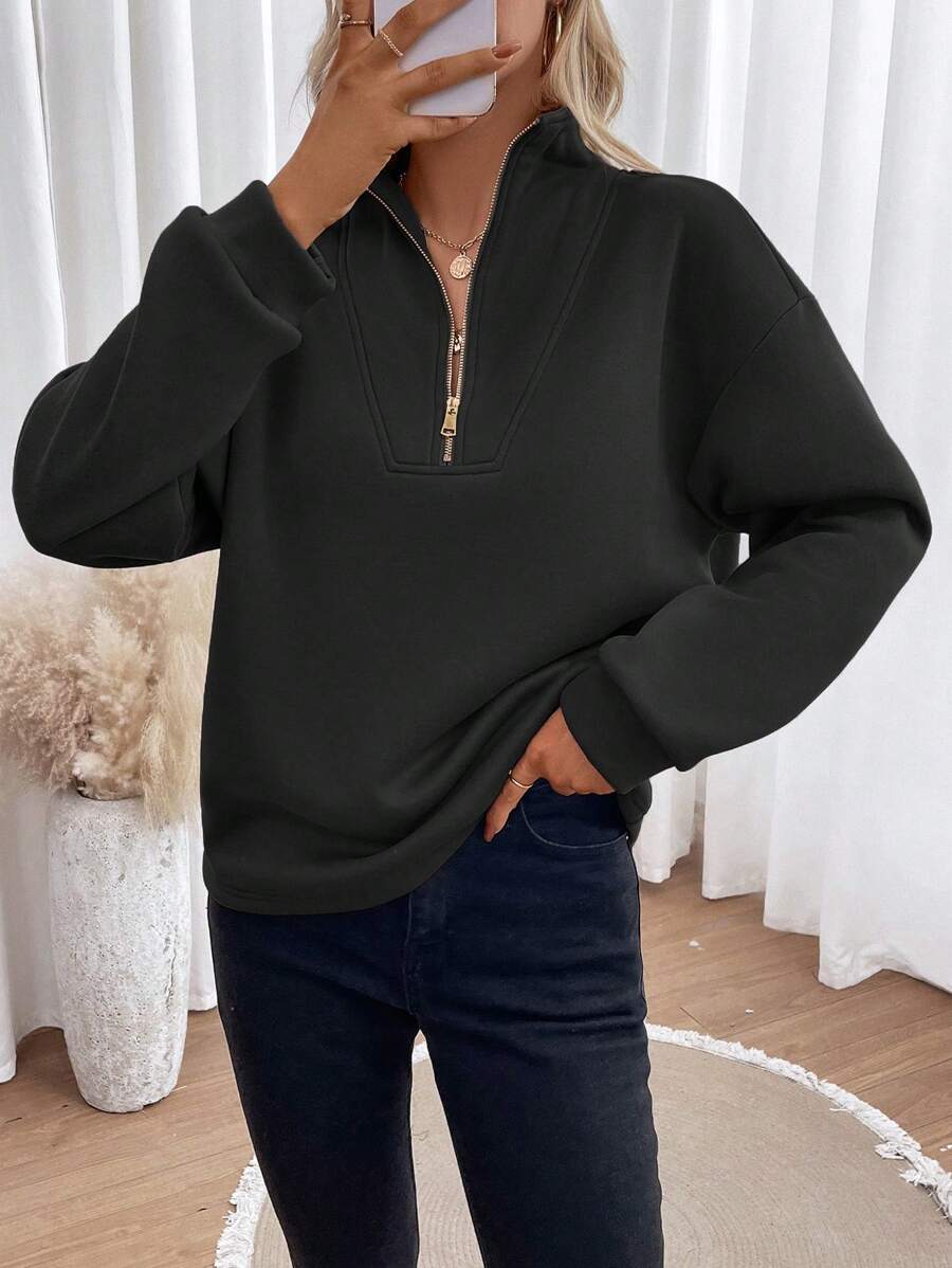 SHEIN Essnce Một nửa khóa kéo Thả vai Áo nỉ - màu đen - Xem 1