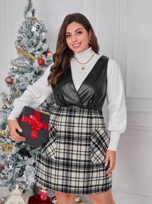 SHEIN Privé 女式大碼優雅撞色格子新年百搭吊帶保暖連身裙 - 黑與白 - 查看 5