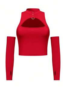 SHEIN ICON Cut Out Front Crop Top With Arm Sleeves - Red - View 1