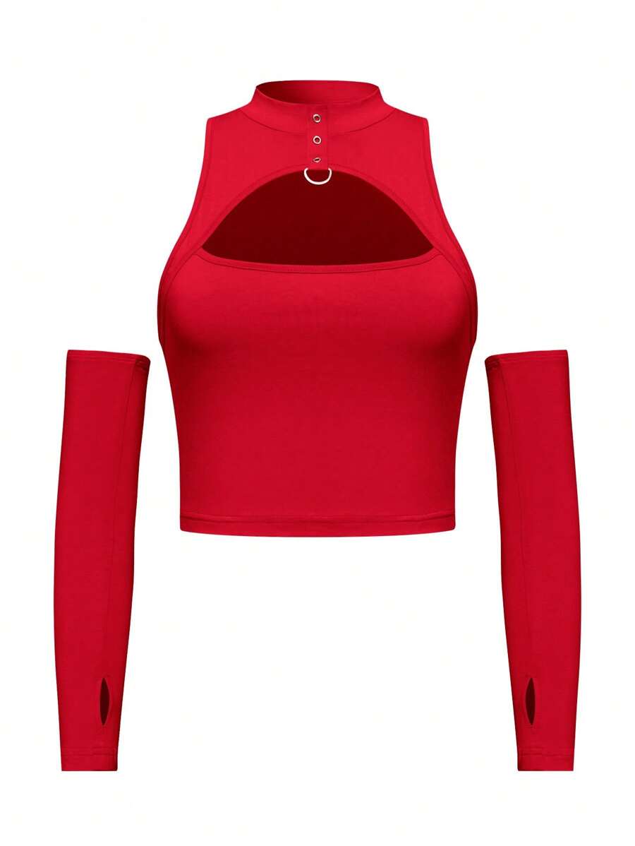 SHEIN ICON Cut Out Front Crop Top With Arm Sleeves - Red - View 1