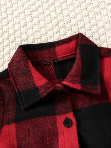 SHEIN Đứa bé gái In kẻ sọc Thắt lưng Váy sơ mi Không có áo len - Đỏ - Xem 3