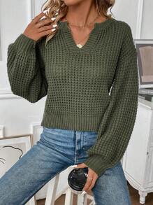 SHEIN LUNE Notched Neckline Drop Shoulder Knit Pullover Fall Winter Sweater - Green - View 1
