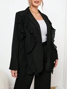 SHEIN Privé Talla grande Blazer ribete con fruncido de cuello con solapa - Negro - Ver 5
