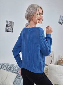 SHEIN LUNE Chất rắn Đồ đan Ribbed Áo len - Màu xanh lam - Xem 2