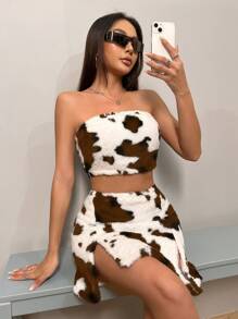 SHEIN Unity Cow Print Crop Tube Top & Split Hem Skirt - Coffee Brown - View 3