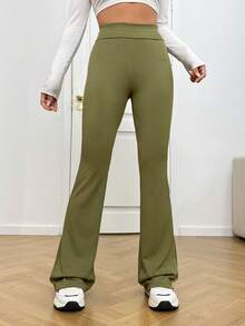 SHEIN EZwear High Waist Flare Leg Pants - Green - View 3