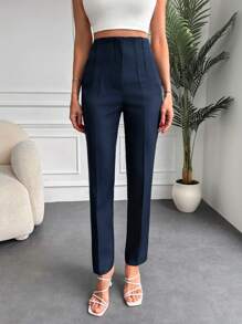 EURMUSE Seam Detail Slant Pocket Suit Pants - Navy Blue - View 1