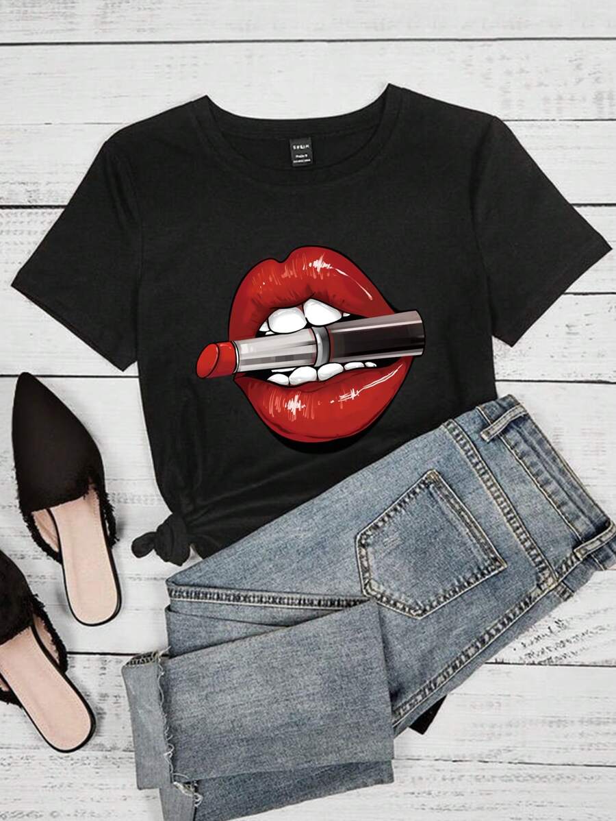 SHEIN Unity Giải trí & Đơn giản In môi Cổ thuyền viên Ngắn tay Áo thun , Thích hợp Cho mùa hè - màu đen - Xem 1