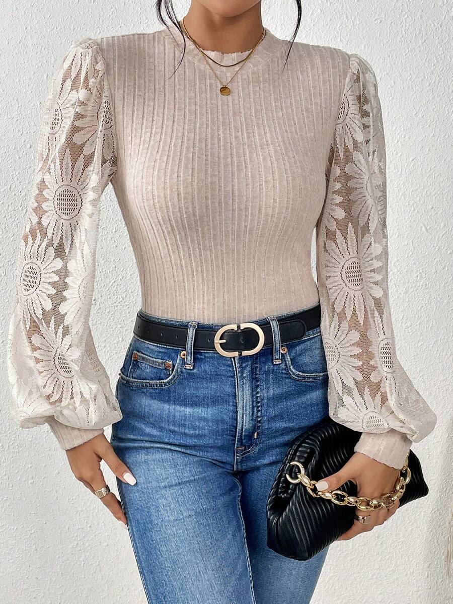 SHEIN Frenchy Ren tương phản Tay áo lồng đèn Đồ đan Ribbed Áo - Màu be - Xem 1