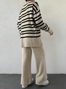 EURMUSE 2 piezas Conjunto de suéter de cuello alto a rayas de hombros caídos y pantalones de unicolor para mujeres - Caqui - Ver 2