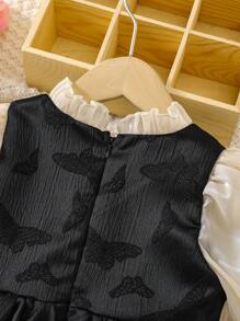 SHEIN 幼童女孩公主風格休閒&甜美&優雅荷葉袖禮服連蝴蝶結