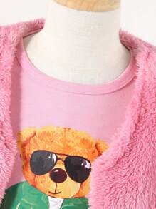 SHEIN 年輕女孩 1 件毛絨外套和卡通圖案 T 恤和腳套 - 粉色 - 查看 4