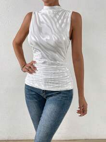 Chiquease Top tank con estampado de mármol de cuello alto - Blanco - Ver 6