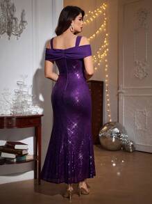 Allurite Vestido formal de lentejuelas con hombros descubiertos y dobladillo de sirena para fiesta de vacaciones, ropa de talla grande para mujer
