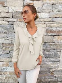 SHEIN Cottnline Solid Ruffle Trim V Neck Blouse - White - View 5