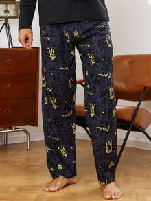 Men Crown & Letter Graphic Sleep Pants - Black - View 4