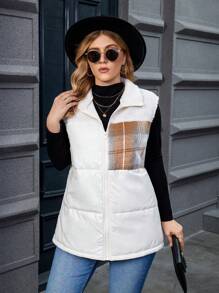 Calvaya Plus Size Plaid Pattern Teddy Panel Zip Up Vest Padded Padded Coat Clothes Winter Without Sweater - Multicolor - View 4
