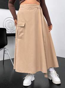 SHEIN Unity Plus Flap Pocket Buckled Detail Skirt - Apricot - View 4