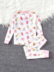 SHEIN Young Girl Cartoon Print Contrast Trim Snug Fit PJ Set - Multicolor - View 2