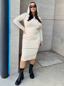 SHEIN Essnce Talla grande Vestido ajustado unicolor con puntada con capucha - Albaricoque - Ver 1