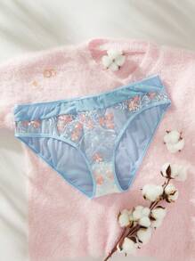 Plus Size Women's Embroidered Mesh Underwear - Blue - View 1