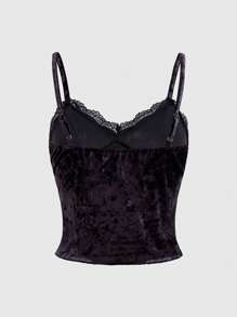 ROMWE Goth Velvet Patchwork Sheer Mesh Lace Trim Plus Size Women's Camisole - Black - View 2