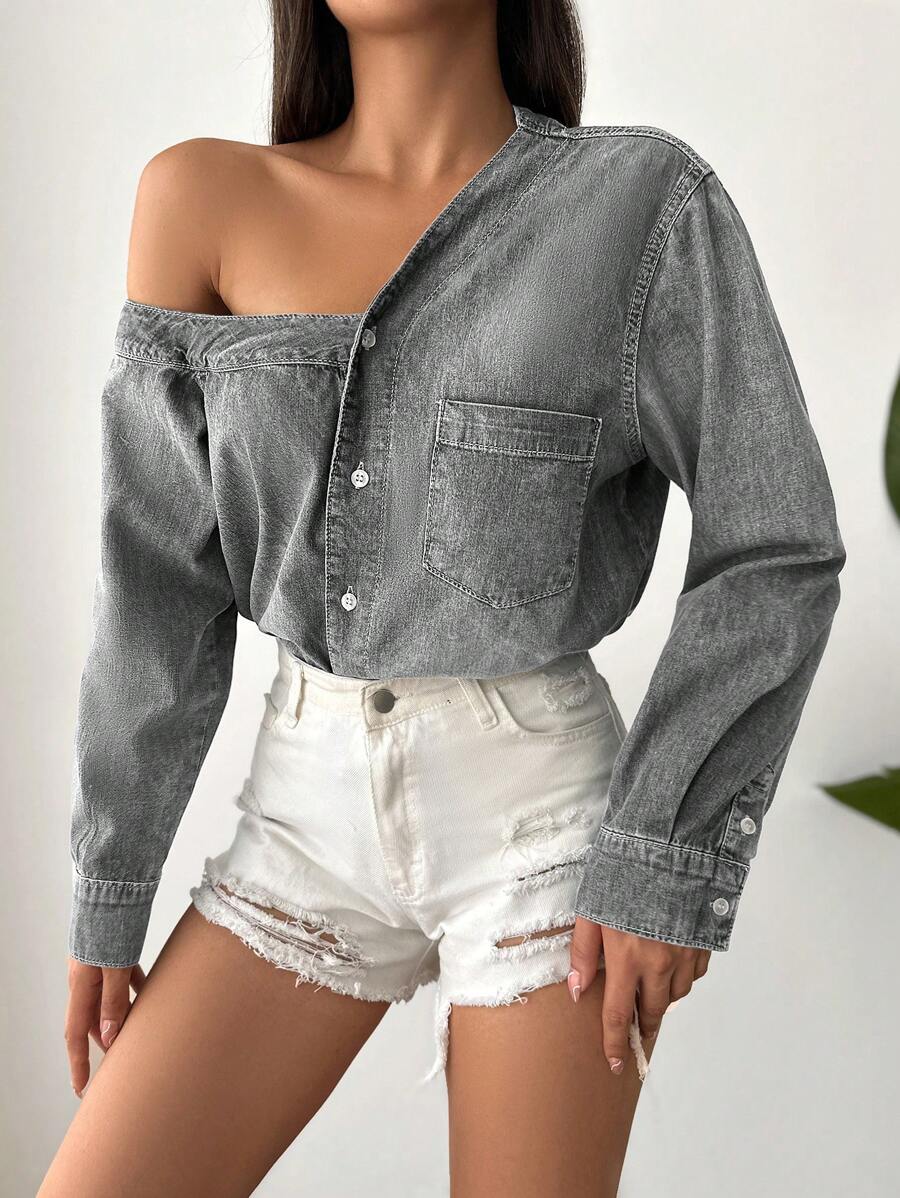 EURMUSE Ladies' Asymmetrical Collar, Button Through, Denim Top With Patch Pockets - Grey - View 1