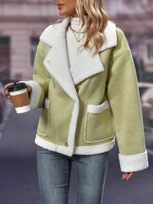 SHEIN Frenchy 毛絨內襯西裝領夾克 - 綠色 - 查看 6