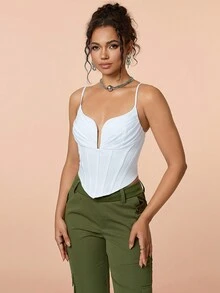 Strappy Pleated Bust Corset Detail Cami Top - White - View 3