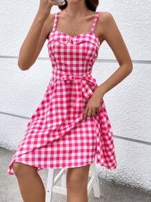 Breezaya 格紋印花腰帶吊帶洋裝 - 粉色 - 查看 4