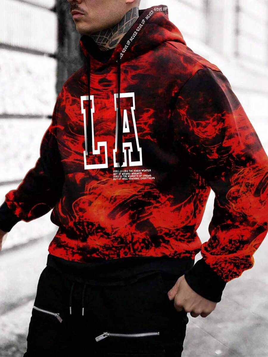 Manfinity LEGND 男士寬鬆染色連帽衛衣,印有標語和拉繩設計 - 彩色 - 查看 1