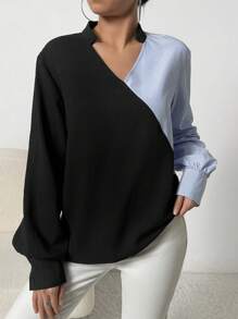 SHEIN Essnce 女士條紋對比色燈籠袖襯衫 - 彩色 - 查看 5