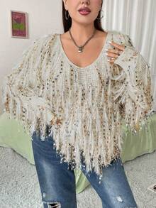 SHEIN ICON Hơn Viền rìa Cổ v Thả vai Áo len - Màu be - Xem 8