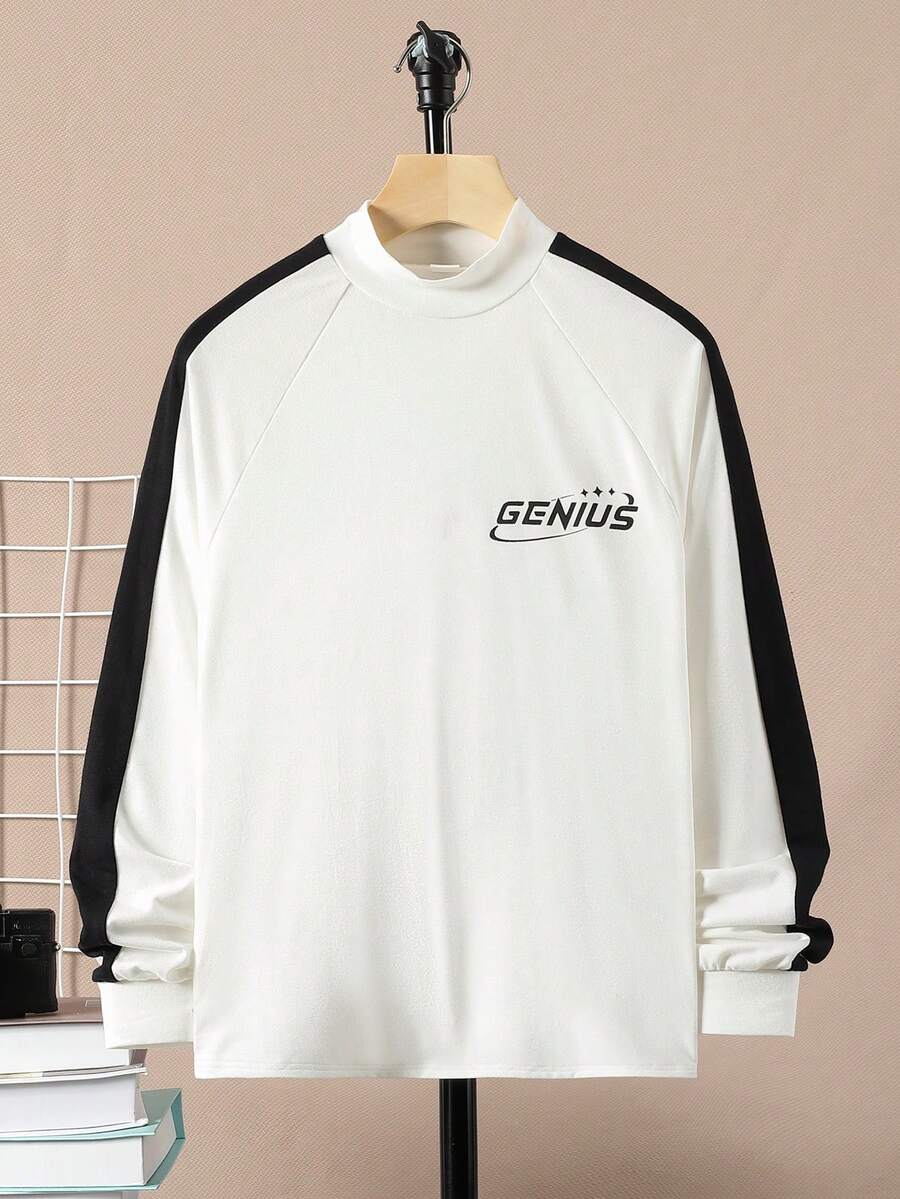 SHEIN 男童寬鬆休閒拼接撞色半高領長袖t恤 - 白色 - 查看 1