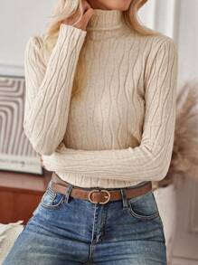 GENKIRA Solid Mock Neck Knit Pullover Fall Winter Sweater - Apricot - View 6