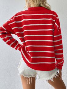 Cloudara Striped Pattern Drop Shoulder Sweater - Red - View 2