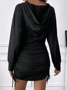 SHEIN 孕婦落肩袖側抽繩連帽緊身洋裝 - 黑色 - 查看 2