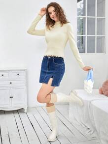 SHEIN EZwear Mock Neck Frill Trim Sweater