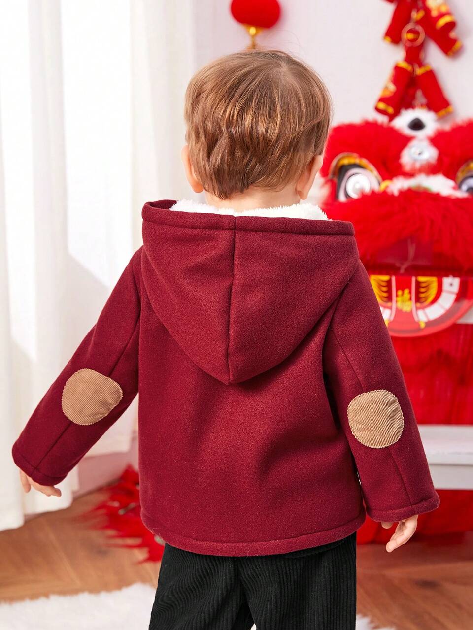 Baby Boys' Hooded Mid-Length Woolen Coat With Thermal Lined