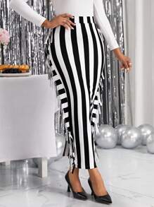SHEIN Lady Gestreepte print Franjetrim Gespleten zoom Kokerrok