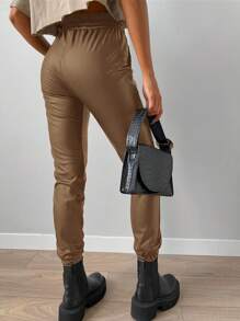 EURMUSE Slant Pocket Drawstring Waist PU Pants - Brown - View 2