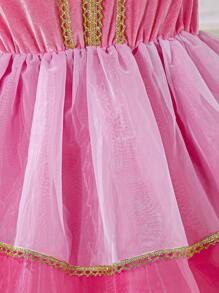 SHEIN Tween Girl Cold Shoulder Guipure Lace Trim Mesh Overlay Party Dress - Hot Pink - View 6