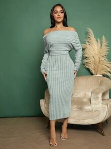 SHEIN SXY Vestido de hombros descubiertos fruncido tejido de canalé - Gris - Ver 5