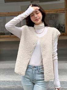 DAZY Chất rắn Nút phía trước Teddy Áo khoác vest - Màu be - Xem 2