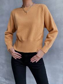 SHEIN Frenchy Áo len tay Raglan cổ tròn màu trơn thông thường - trái cam - Xem 3