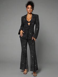 SHEIN BAE Lapel Neck Glitter Blazer - Black - View 4